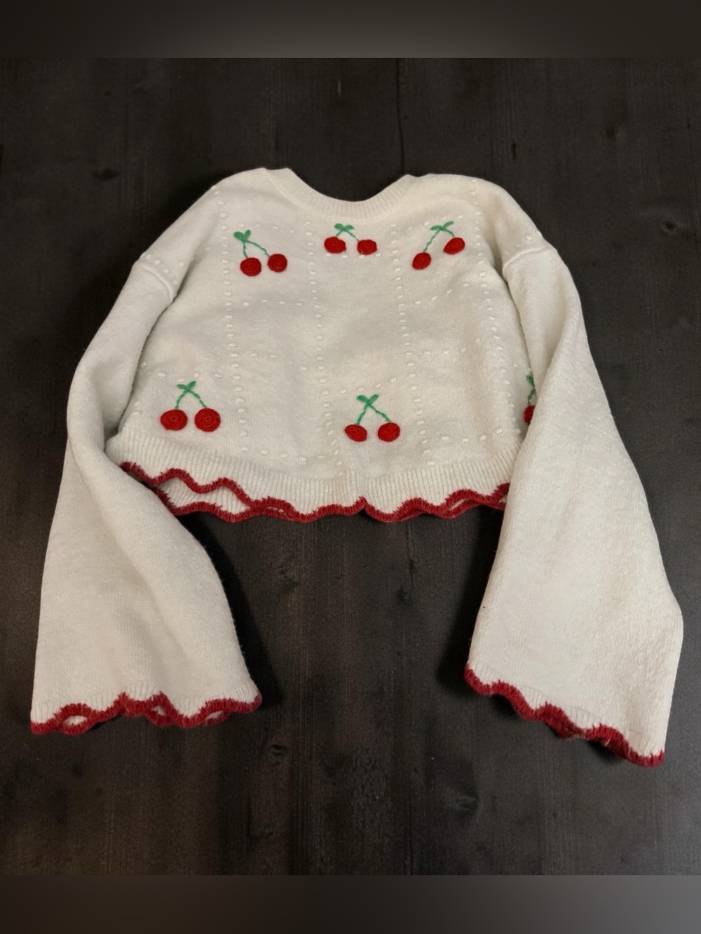 RIVER ISLAND CHERRY PRINT SCALLOPED HEM BELL SLEEVES SWEATER M SIZE UK 12 US 8